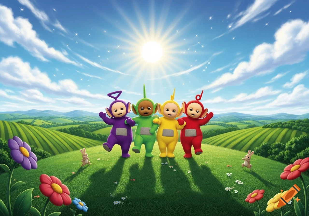 Four Teletubbies (purple, green, yellow, red) stand in a sunny, green, hilly landscape with flowers and bunnies.