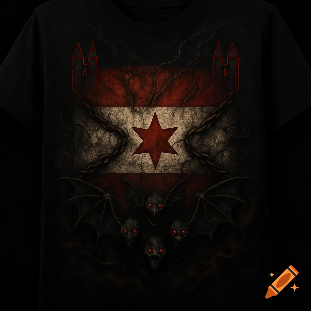 Death metal style t-shirt with a distressed red, white, red flag featuring a red star, chains, vines, and four winged skull creatures with glowing red eyes.