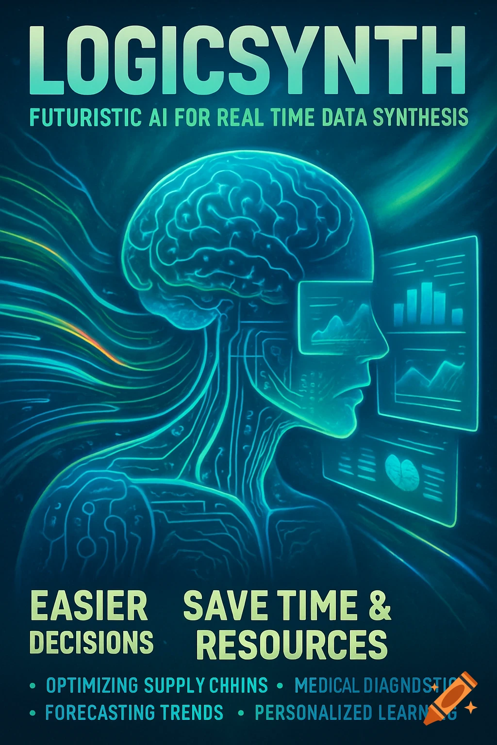 A futuristic poster for "LOGICSYNTH" AI, featuring a glowing blue human head with internal circuits and data displays floating nearby.