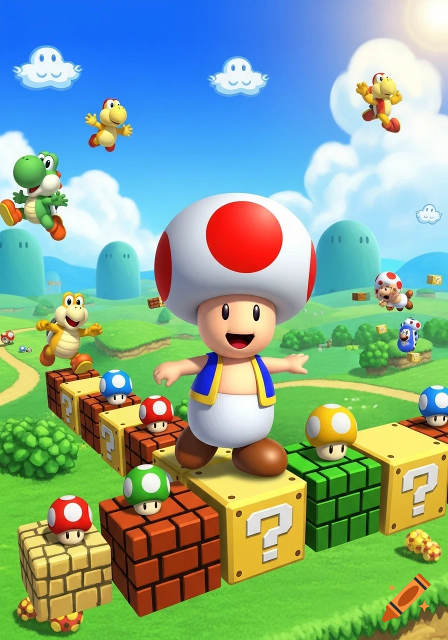 Toad, Yoshi, and Koopa Troopas on question mark blocks and brick blocks in a vibrant Super Mario landscape.
