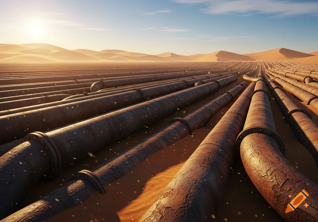Rusty industrial pipes stretch across a vast, sunlit desert landscape with sand dunes under a clear sky.