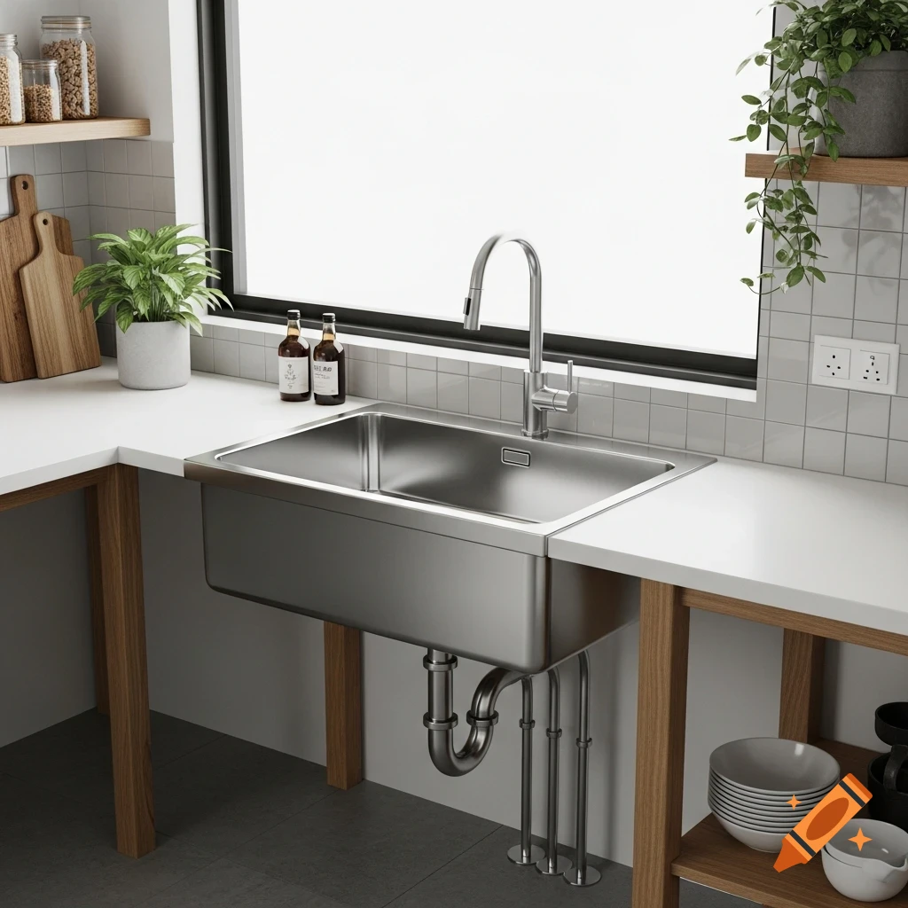 A modern kitchen corner with a stainless steel sink set into a white countertop, featuring a chrome faucet, window, plants, and wooden shelves.