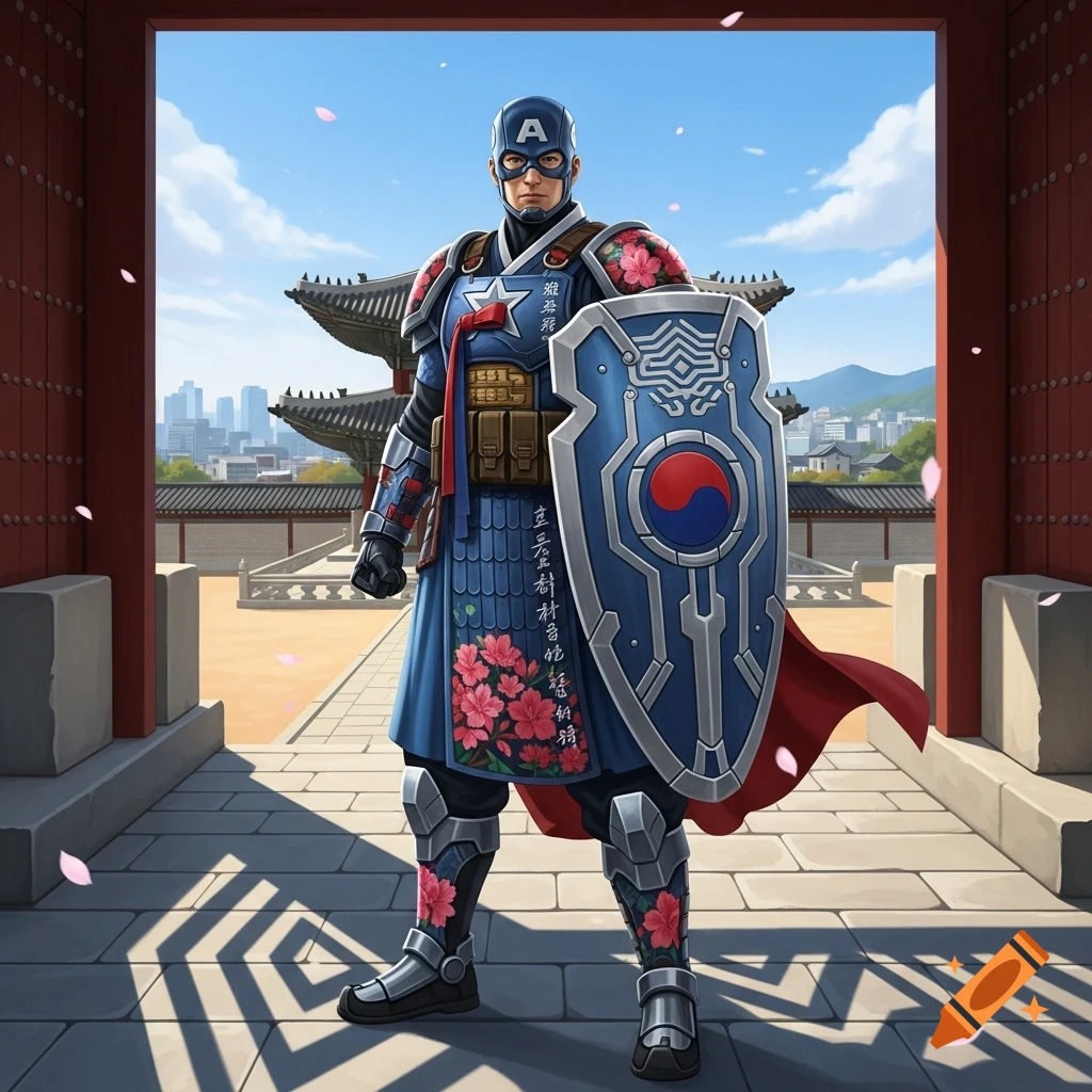 A Captain America-like superhero in Korean traditional armor with a Taegeuk shield stands in a temple gate with cherry blossoms.