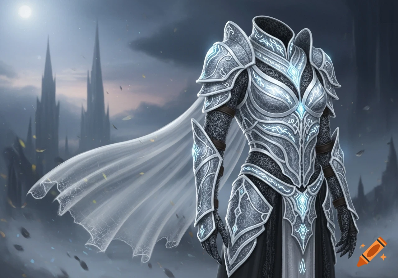 Detailed silver and black fantasy armor with glowing blue accents and a flowing white cape, set against a dark castle landscape under a full moon.