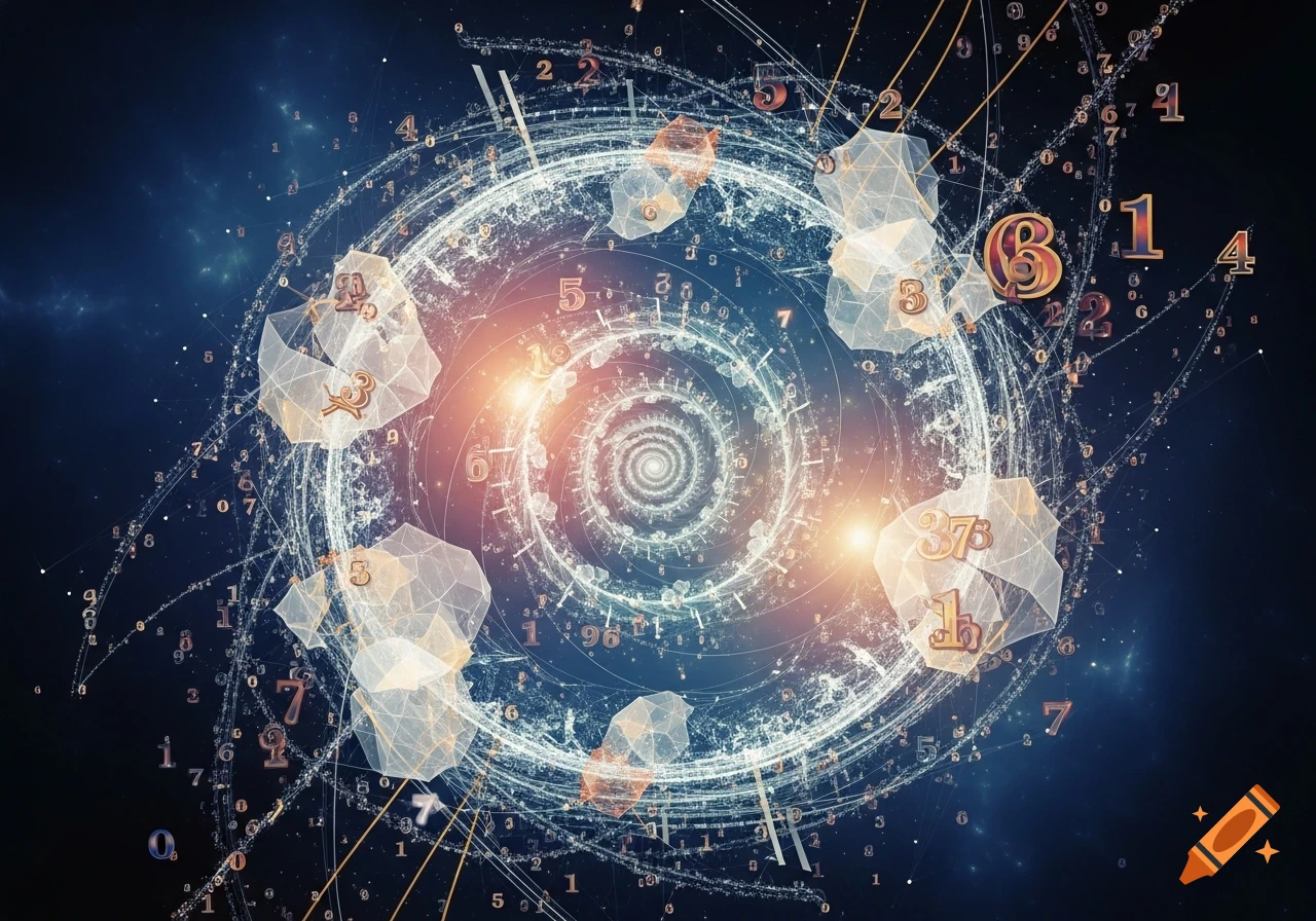 Abstract digital art showing golden numbers and geometric shapes swirling in a cosmic vortex of light against a dark blue background.