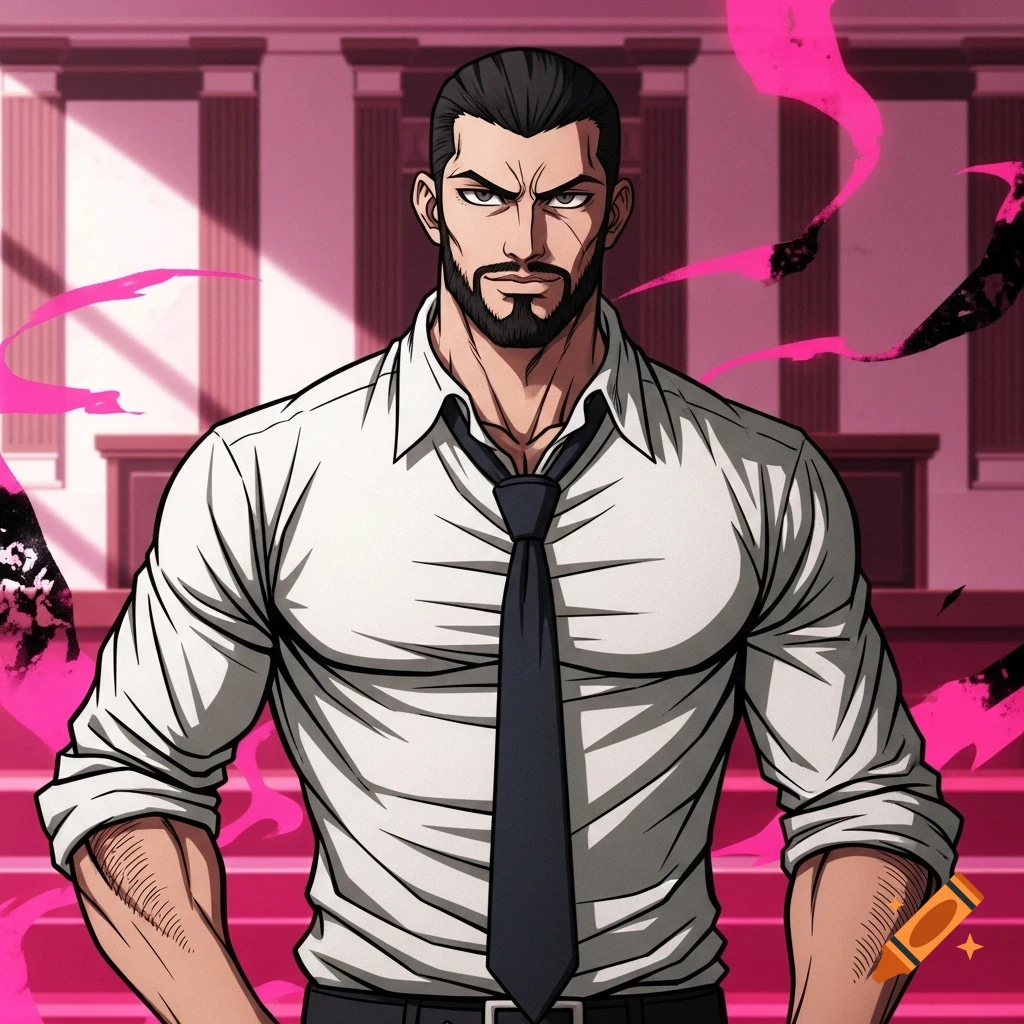 A muscular, bearded man with dark hair, wearing a white shirt and dark tie, in a Danganronpa anime art style.