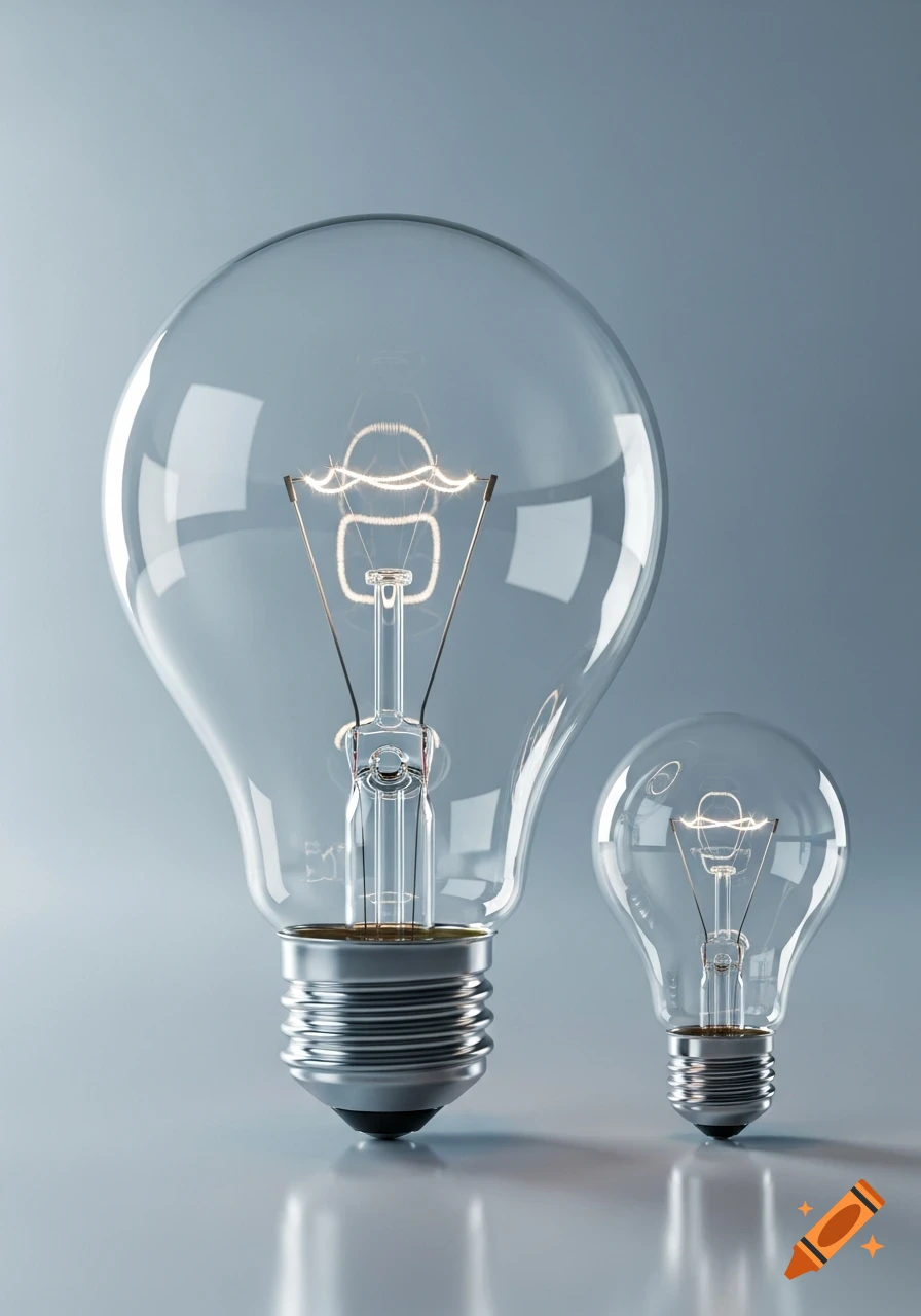 A large glowing light bulb stands next to a smaller one on a reflective grey surface, against a soft blue background.