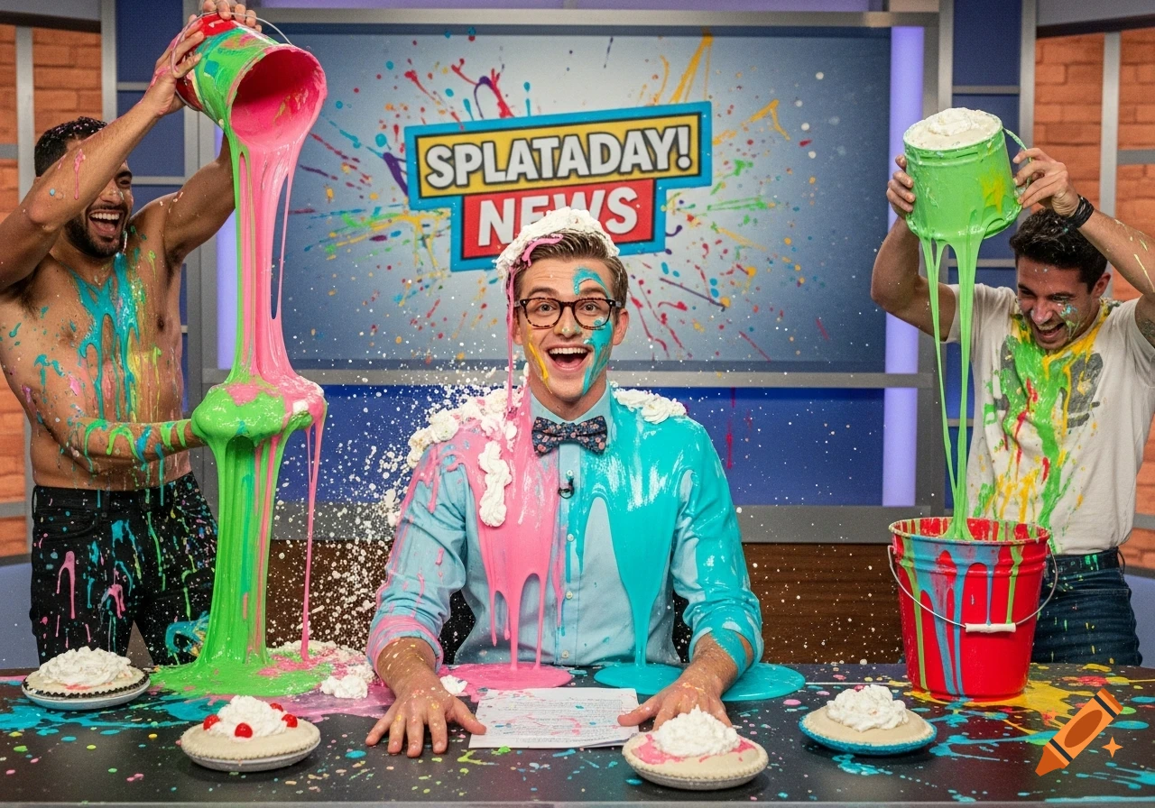 A smiling TV reporter covered in slime and whipped cream sits at a desk on a colorful game show set with a 'SPLATADAY! NEWS' logo.