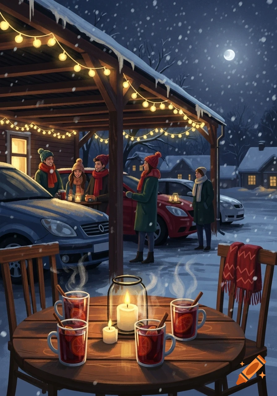 Illustrated winter scene with people drinking mulled wine under a string-lit carport, snow falling around houses.