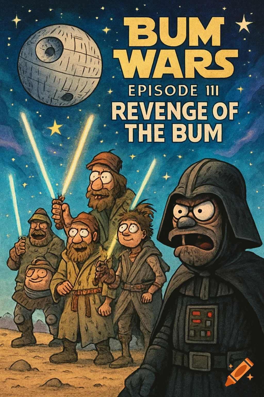 A cartoon movie poster parody titled "Bum Wars Episode III: Revenge of the Bum," featuring rough-looking characters with lightsabers and a Death Star.