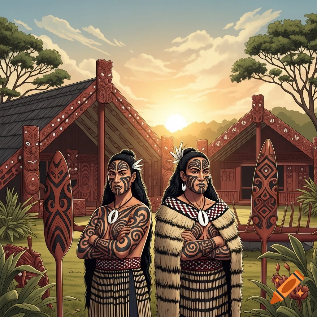 Two Maori people with facial and arm tattoos wear traditional dress, standing before carved buildings and paddles at sunset.