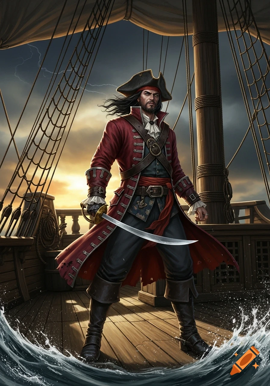 A fierce pirate with long dark hair and a red coat stands on a ship deck, holding a saber, with a stormy sky behind.