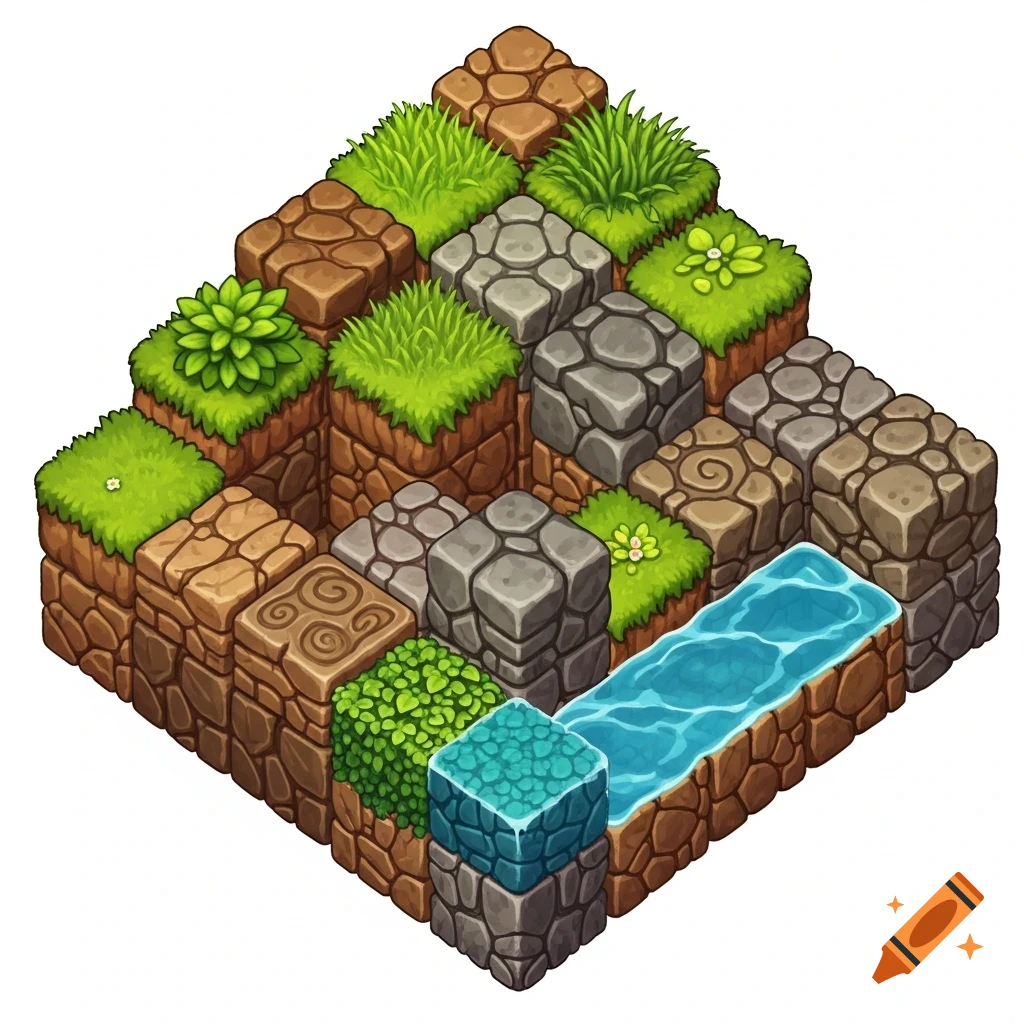 An isometric 2D game tileset featuring various stylized terrain blocks of grass, dirt, stone, and water.