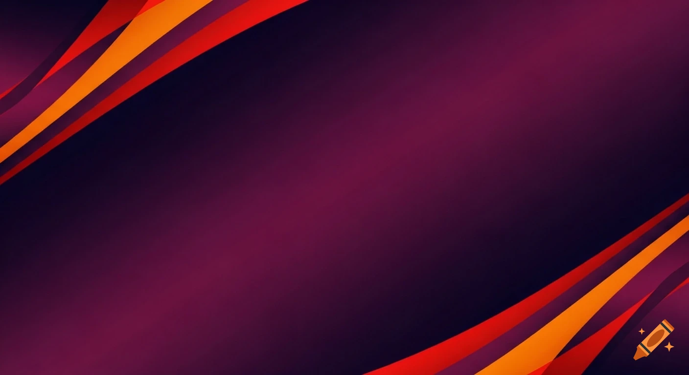 Dark purple gradient background with diagonal red and orange wavy stripes in opposite corners.