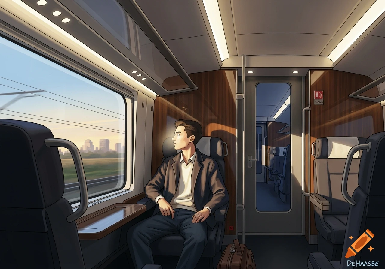A man in a suit looks out the window of a train at a passing city landscape during sunset, in an illustrative style.