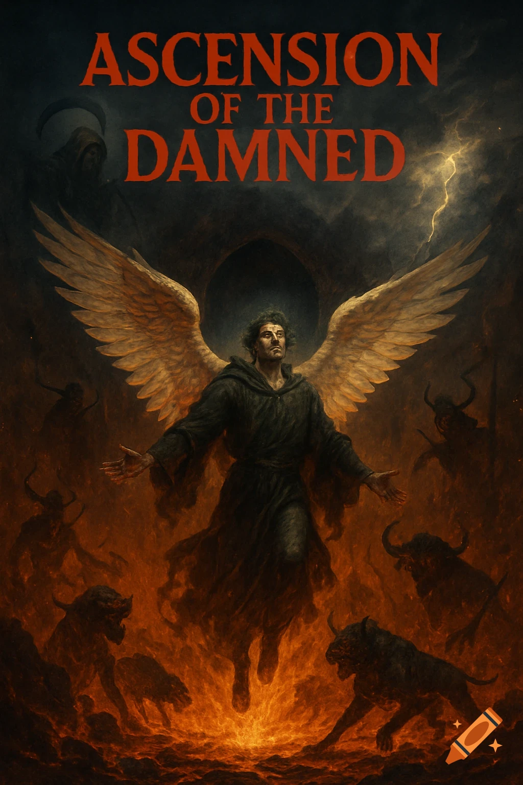 Dark fantasy art: A winged angel rises from a fiery hellscape with demons and a grim reaper, under a stormy sky. Title "Ascension of the Damned".