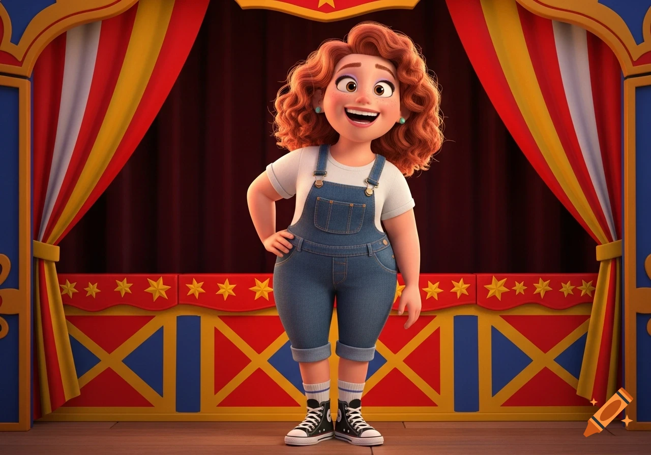 A joyful, Pixar-style 3D animated woman with red curly hair in denim overalls stands on a colorful puppet show stage with striped curtains.