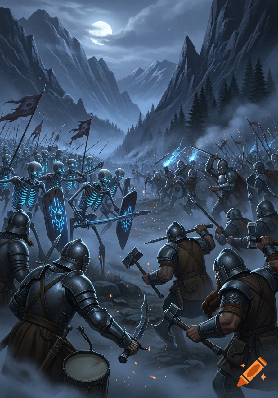 Fantasy battle scene with glowing skeletons fighting armored medieval soldiers and dwarves in a misty mountain valley at night under a full moon.