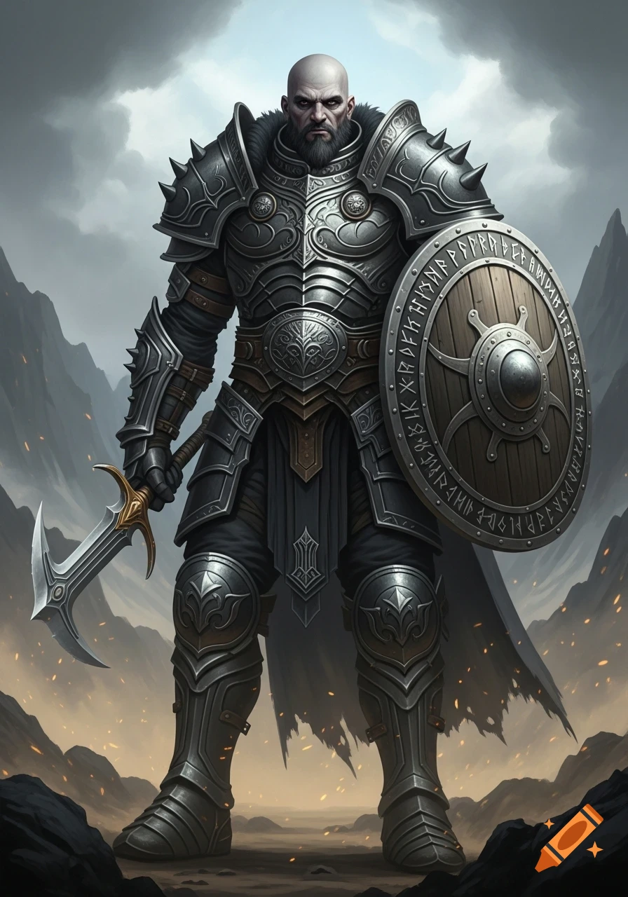 A bald, bearded warrior in spiked black and silver plate armor holds a glaive and a round shield with runes, standing in a desolate, mountainous landscape.