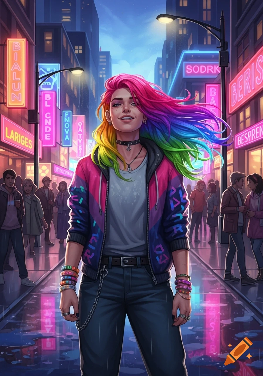 A vibrant digital art portrait of a person with rainbow hair and a colorful jacket, standing confidently on a wet city street at night amidst neon signs and blurred figures.