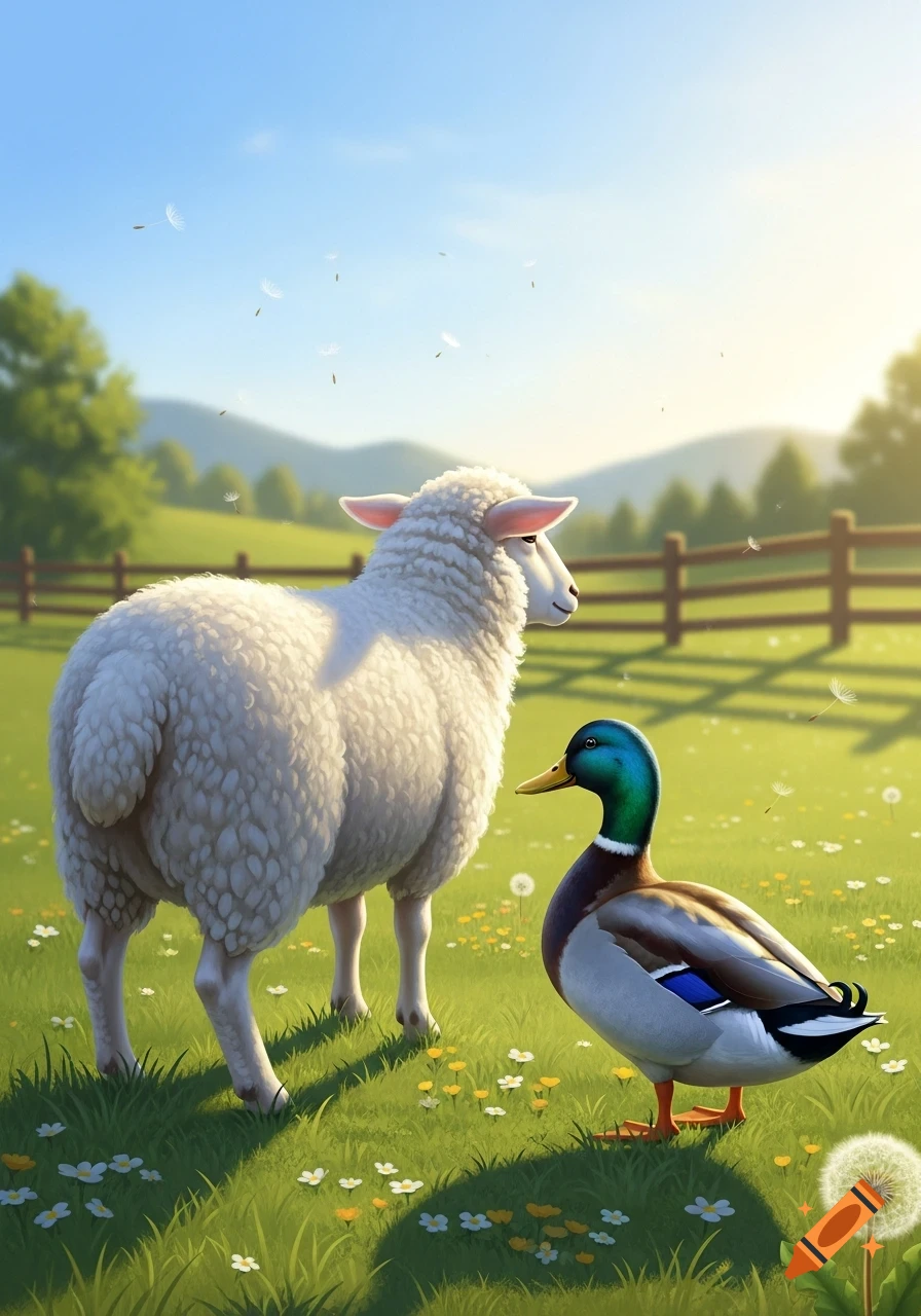 A white sheep and a colorful mallard duck stand in a green pasture with yellow and white wildflowers under a clear blue sky.