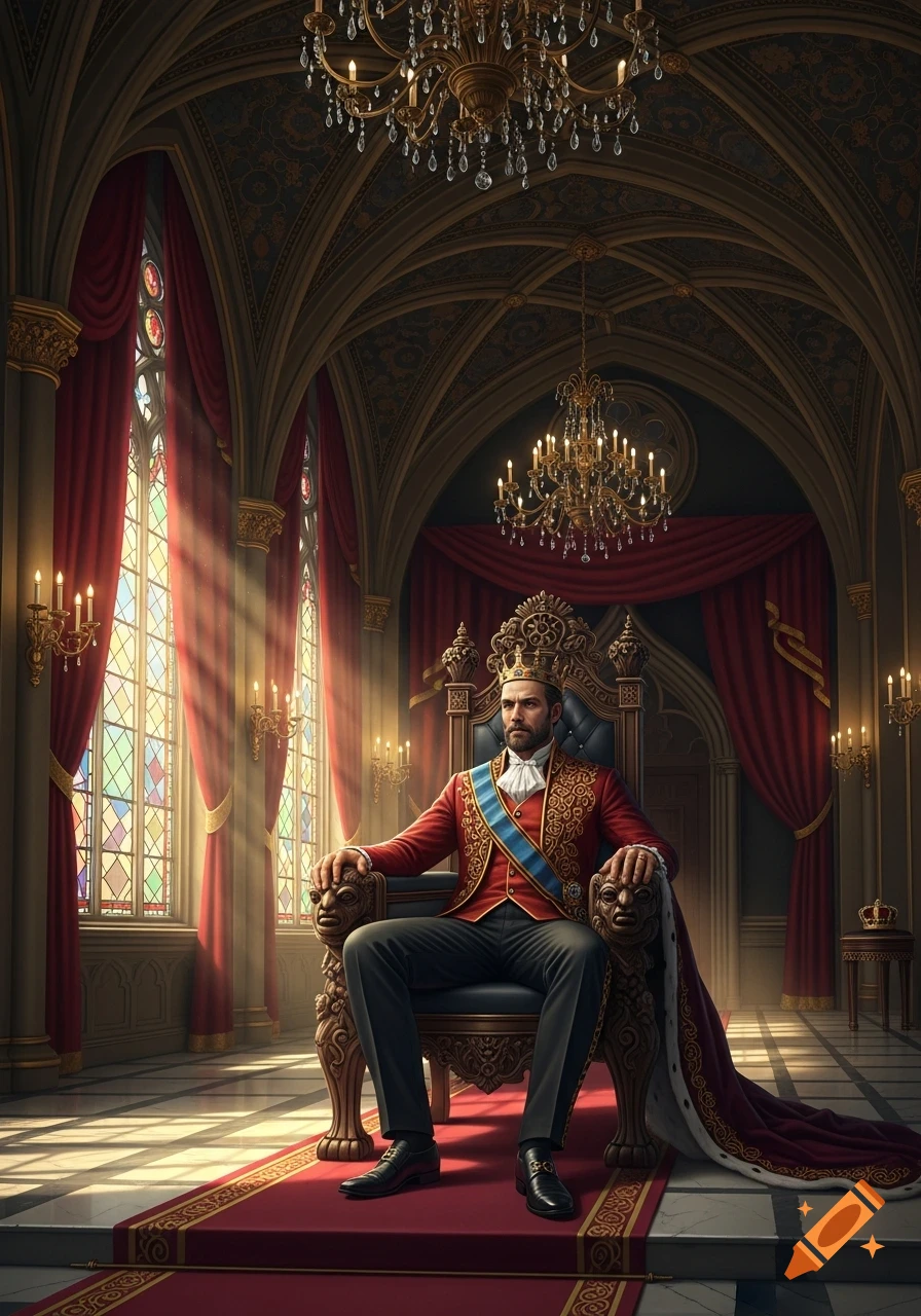 A king in a red and gold suit sits on an ornate throne in a grand, sunlit palace throne room.