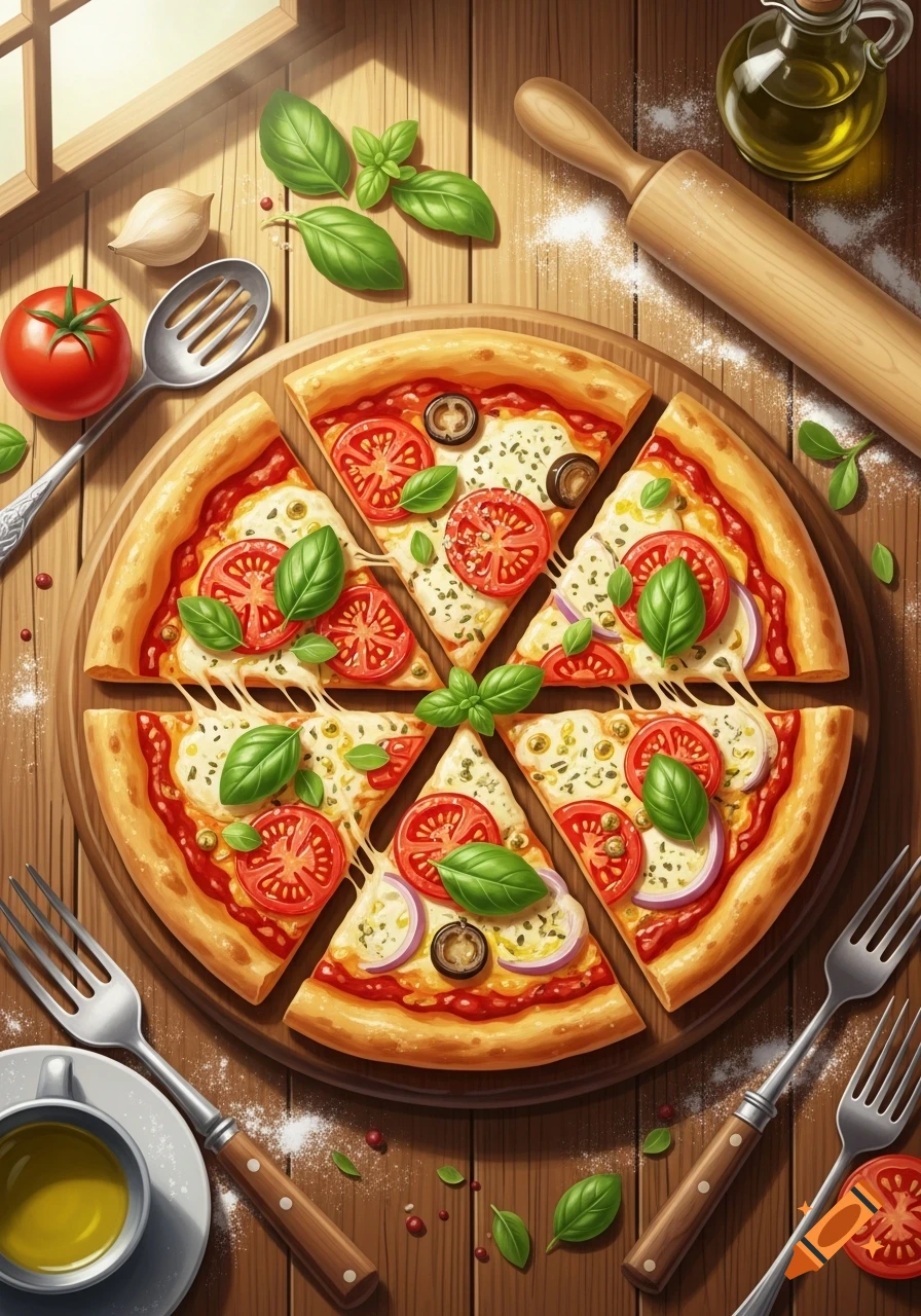 A vibrant top-down view of a freshly baked, sliced pizza with tomatoes, basil, and melted cheese, surrounded by cooking ingredients and utensils on a rustic wooden table.