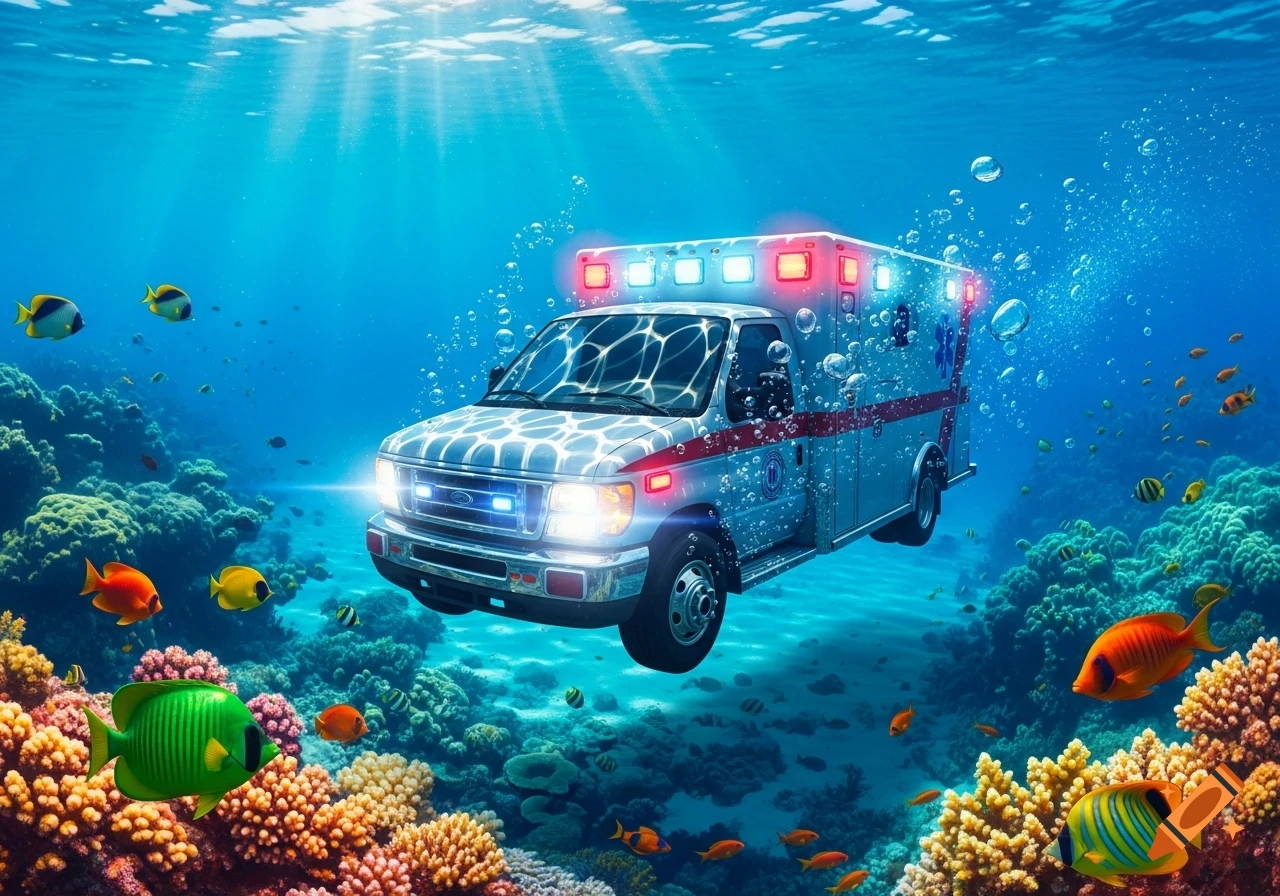 An ambulance with flashing lights floats underwater among colorful fish and vibrant coral, with sunbeams shining from the surface.