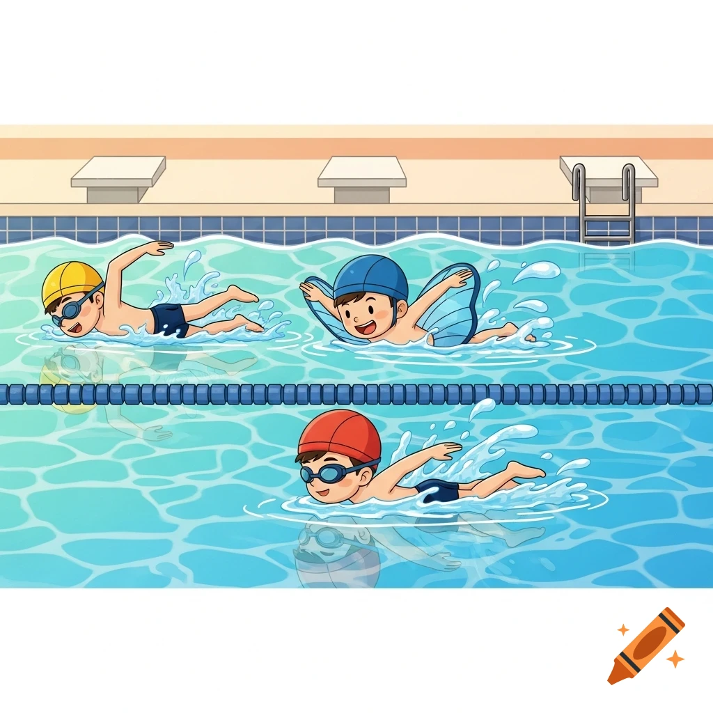 Three cartoon boys swim in a bright blue pool, one doing backstroke, one butterfly with wings, and one freestyle.