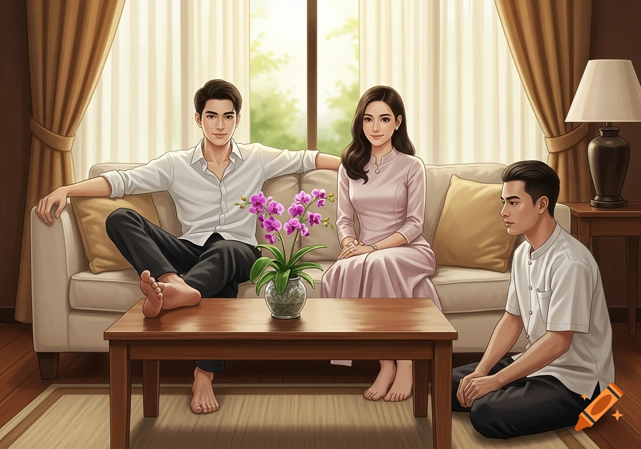 Illustration of a man and woman on a couch with feet on a coffee table, and another man sitting on the floor in a living room.