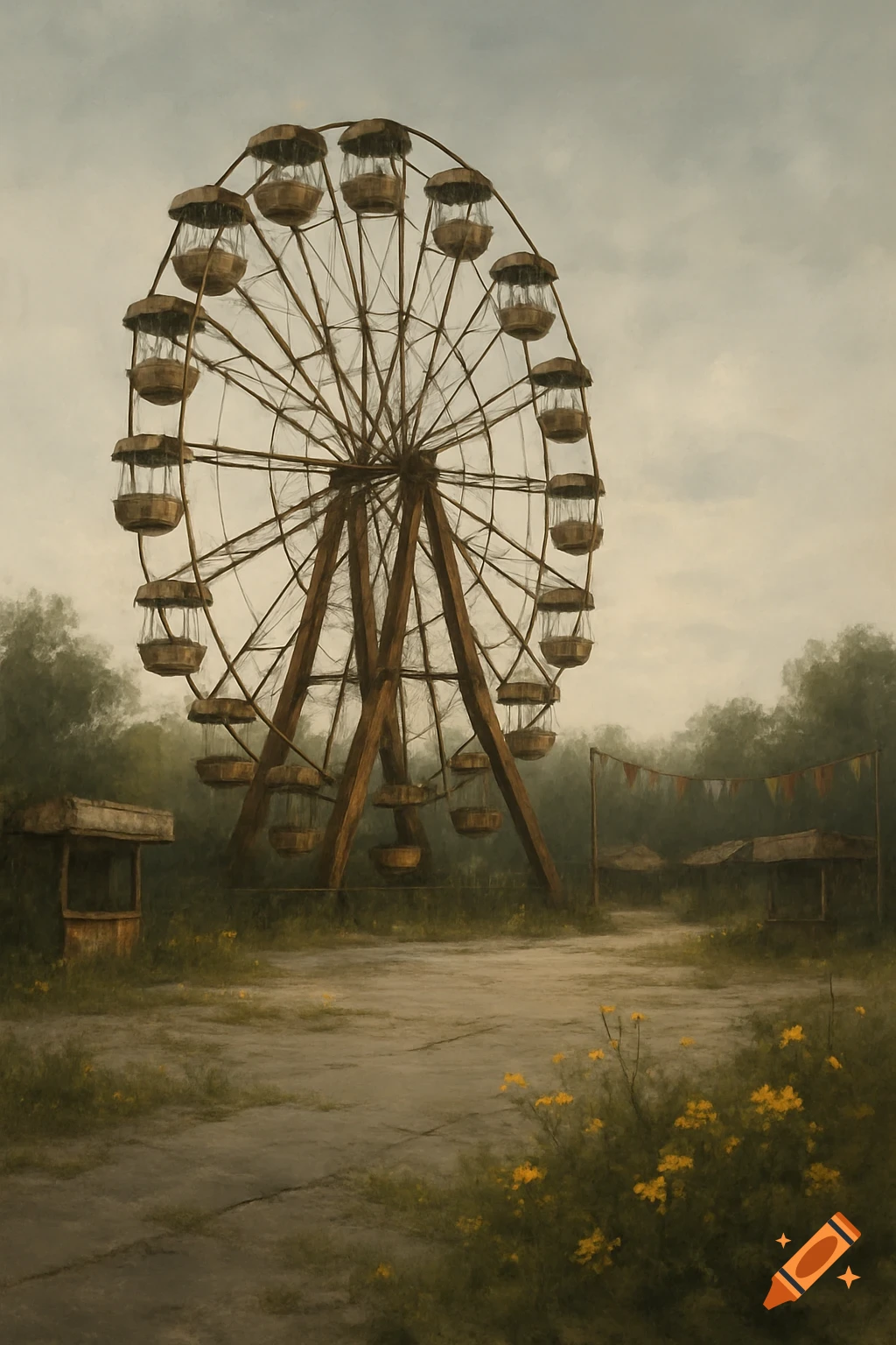 A painting of a desolate abandoned Ferris wheel in an overgrown fairground under a cloudy sky.