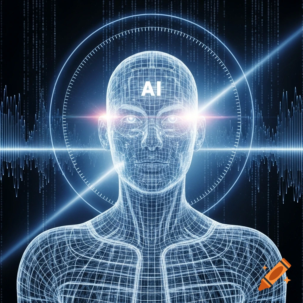 Wireframe human head and torso with 'AI' on the forehead, glowing eyes, and a digital data background.