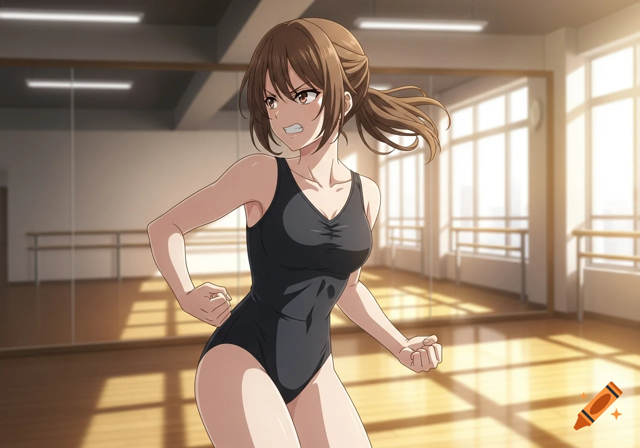 Anime girl in a black leotard poses angrily in a dance studio with mirrors.