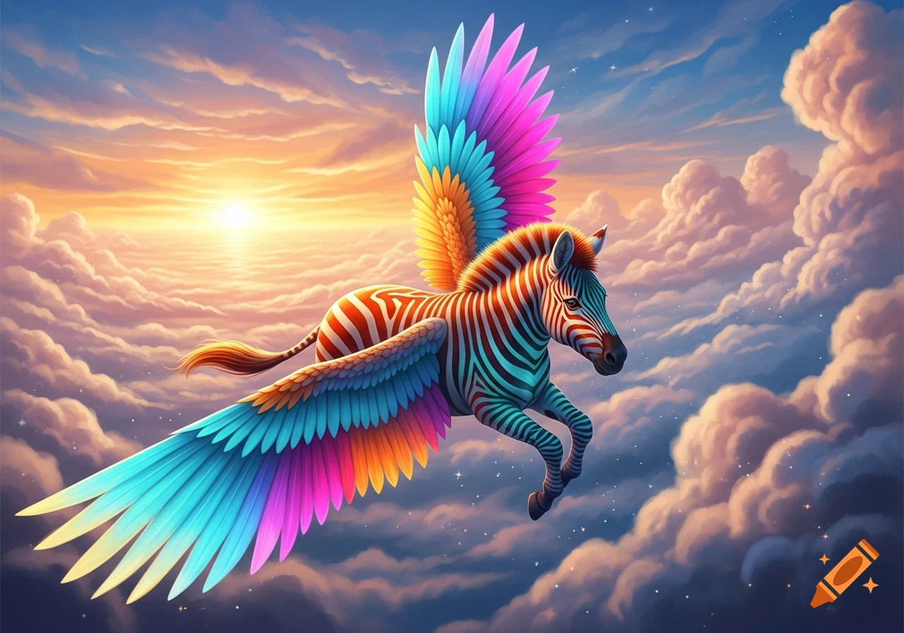 A vibrant, rainbow-winged zebra soars through a bright, cloudy sunset sky.