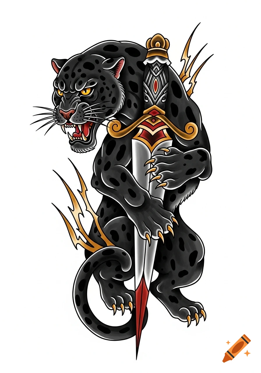A black panther with yellow eyes, stylized in traditional tattoo art, grips a silver dagger with a gold hilt.