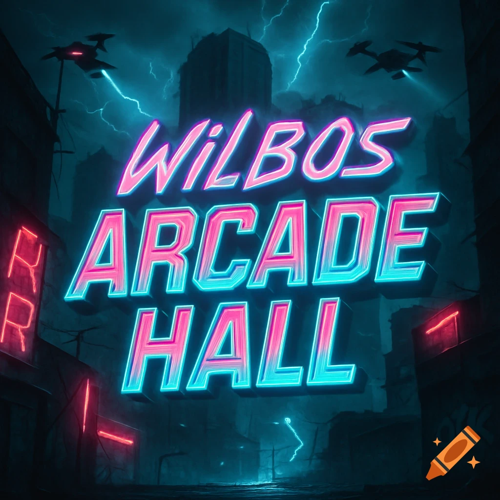 Vibrant neon sign 'WILBOS ARCADE HALL' in a dark, stormy dystopian city with flying drones.