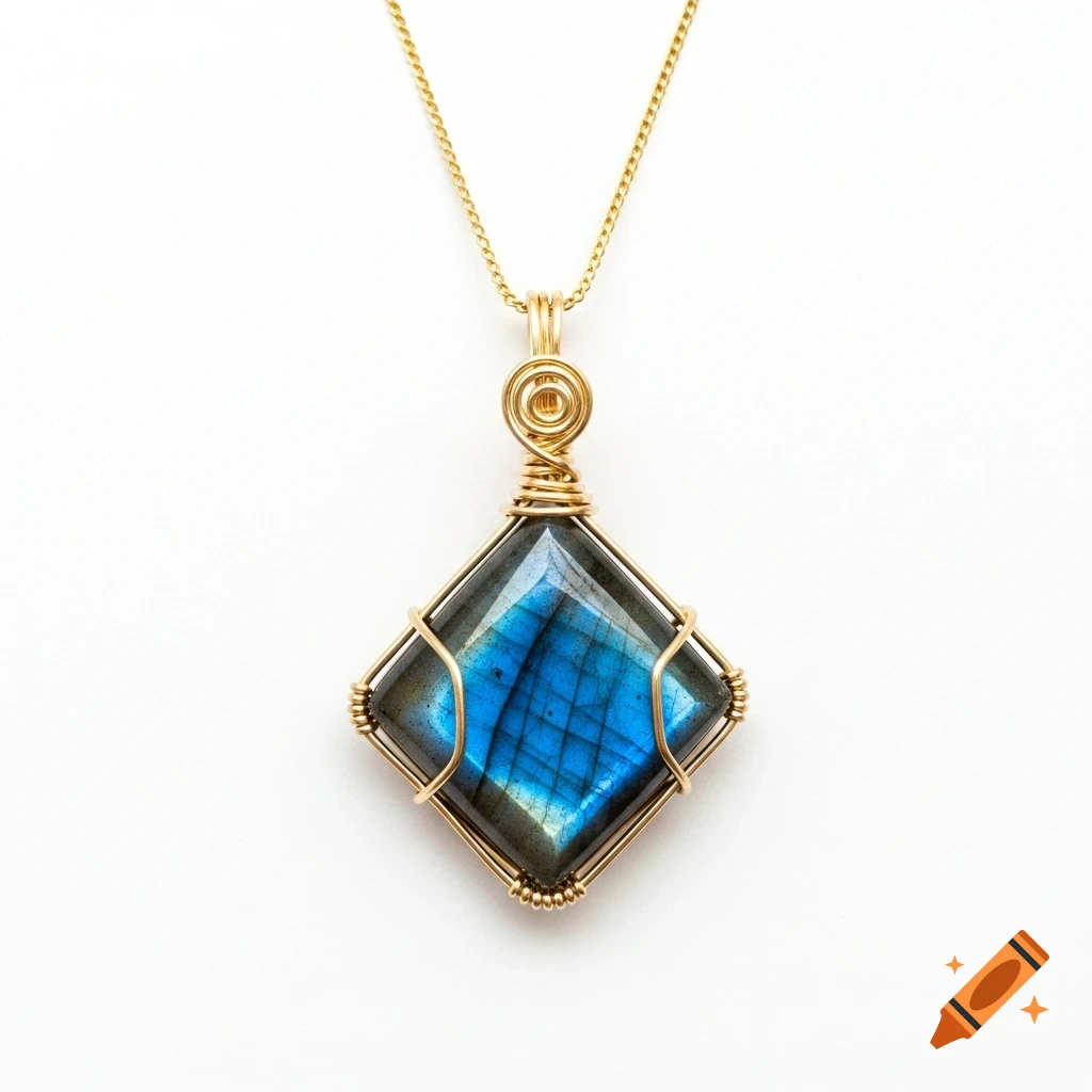 A gold wire-wrapped rhombus-shaped labradorite pendant with blue flash hangs from a delicate gold chain on a white background.