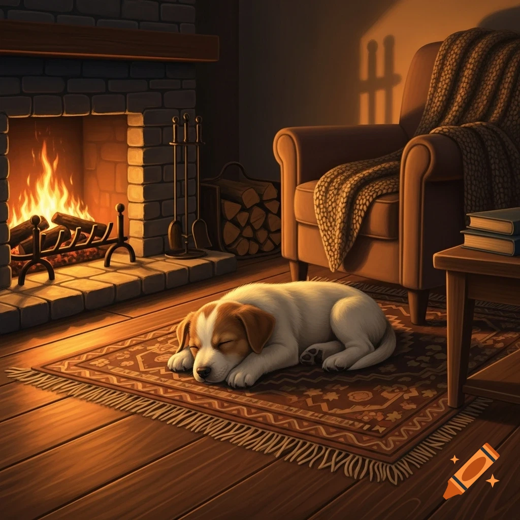 A sleeping brown and white puppy on a patterned rug in front of a warm fireplace with a cozy armchair nearby.