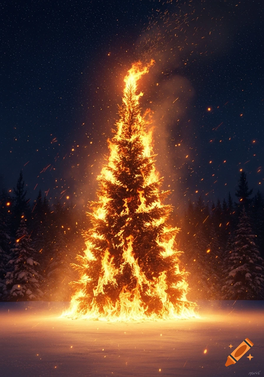 A large Christmas tree engulfed in flames stands in a snowy forest under a starry night sky.