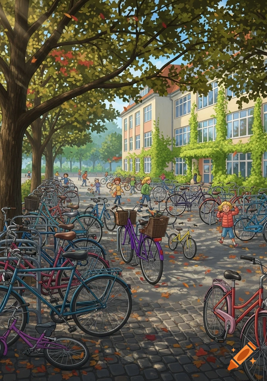 An illustrated autumn scene of a primary school courtyard filled with parked bicycles and children playing among fallen leaves.