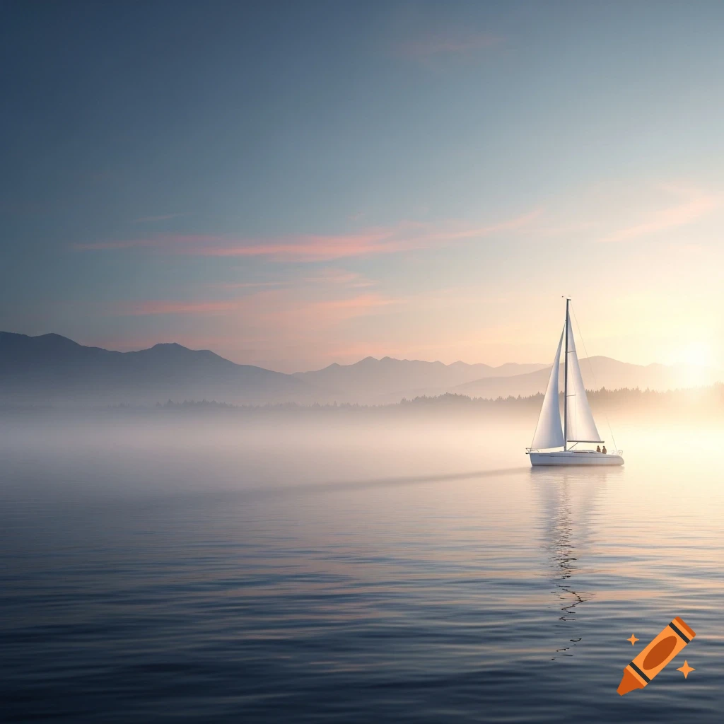 A lone sailboat glides on calm water amidst a misty sunrise or sunset, with distant mountains.