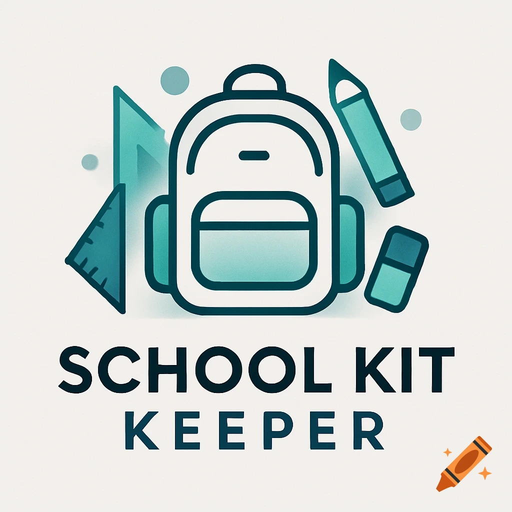 A stylized logo with a teal outline backpack, pencil, ruler, and eraser on a light background, above the text 'SCHOOL KIT KEEPER'.