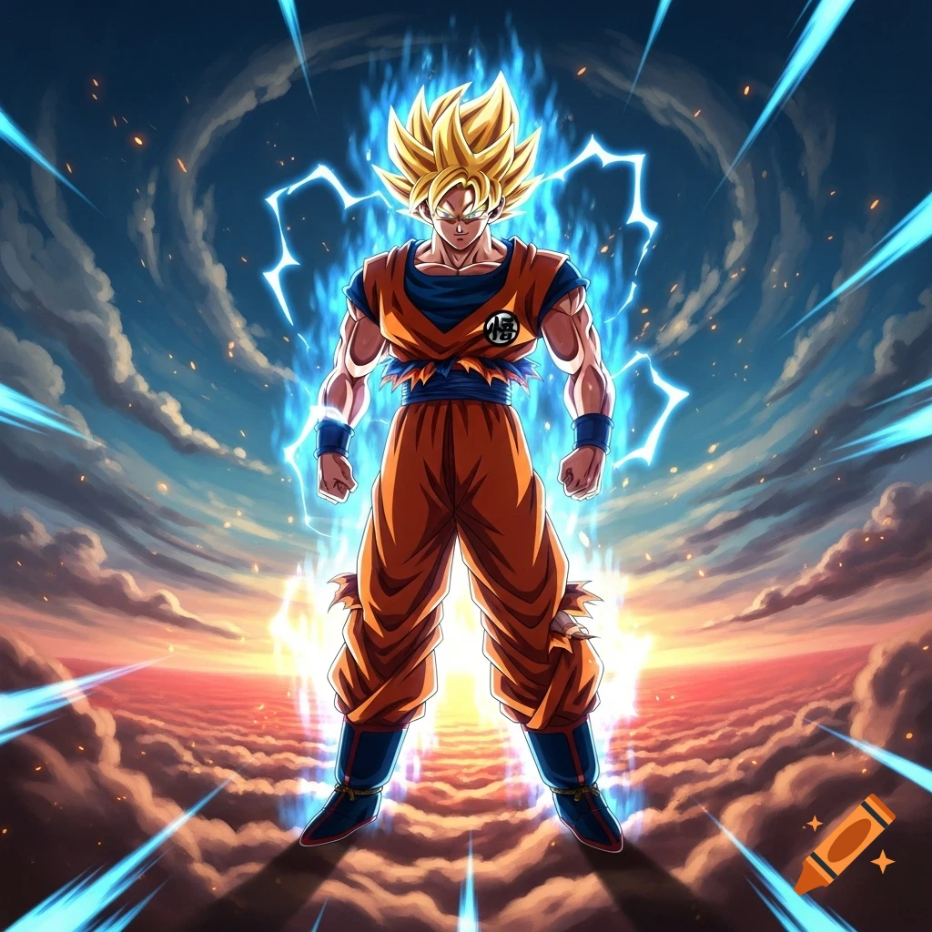 Goku in Super Saiyan form, surrounded by blue energy and lightning, standing above clouds at sunset in anime style.