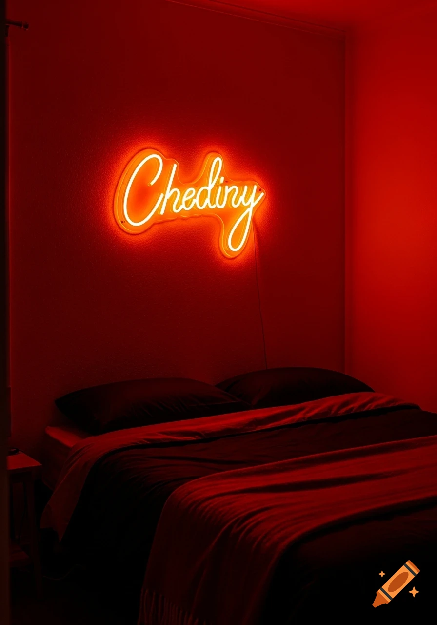 An orange neon sign reading 'Chediny' glowing on a red wall above a neatly made bed in a dimly lit bedroom.