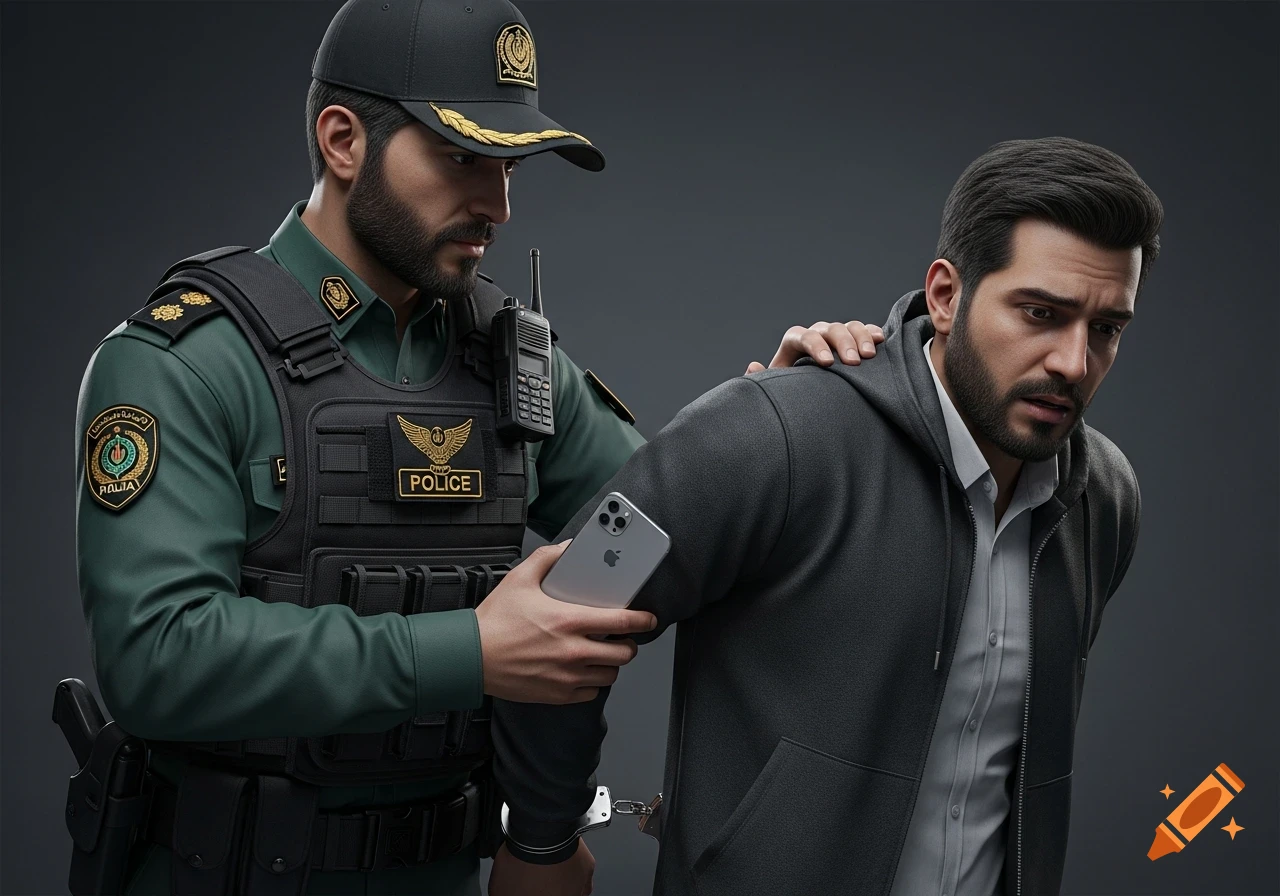A hyper-realistic image of a serious police officer in a green uniform and tactical vest arresting a surprised suspect in a gray hoodie, who holds an iPhone and has handcuffs on his wrist.