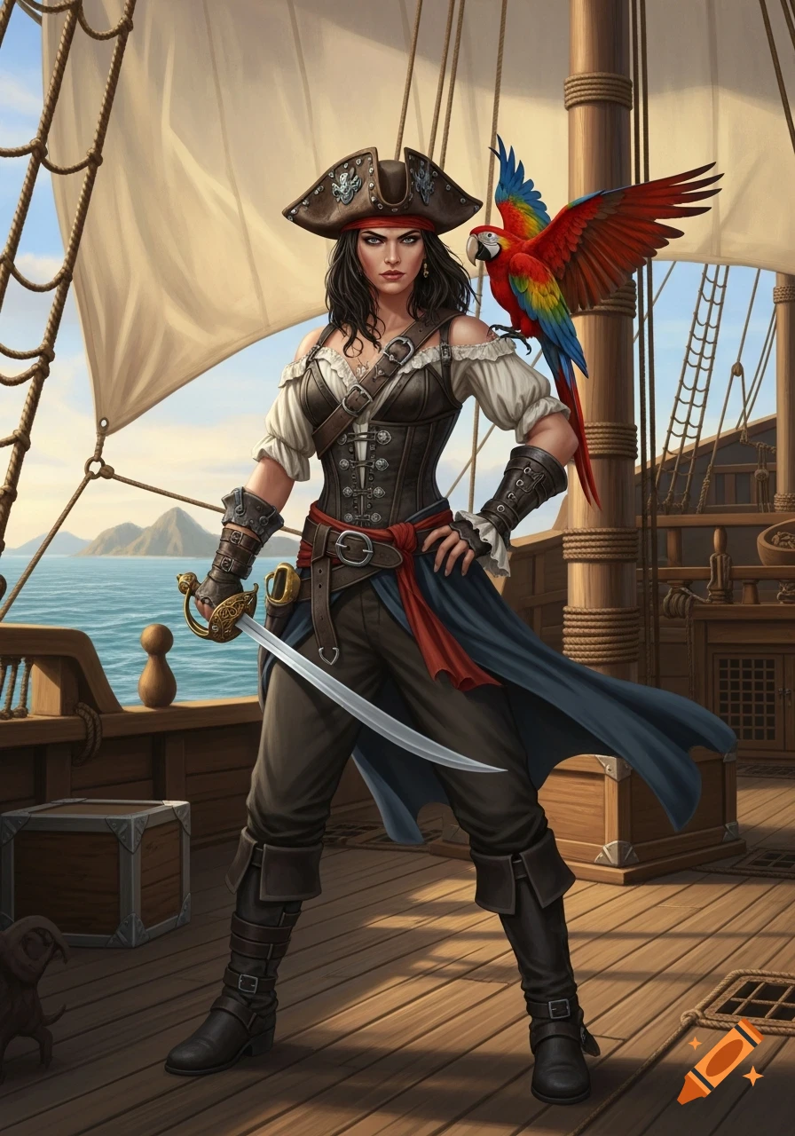 Full-body illustration of a fierce female pirate with a sword, wearing a corset and hat, a parrot on her shoulder, on a ship deck.