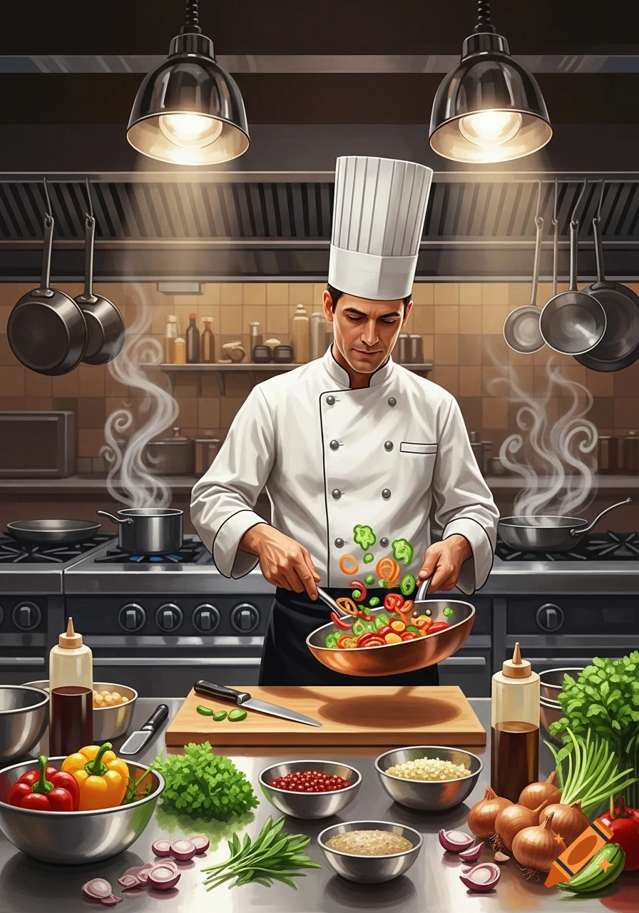 A male chef in a white uniform stir-frying colorful vegetables in a busy, well-lit kitchen, with fresh ingredients on the counter.