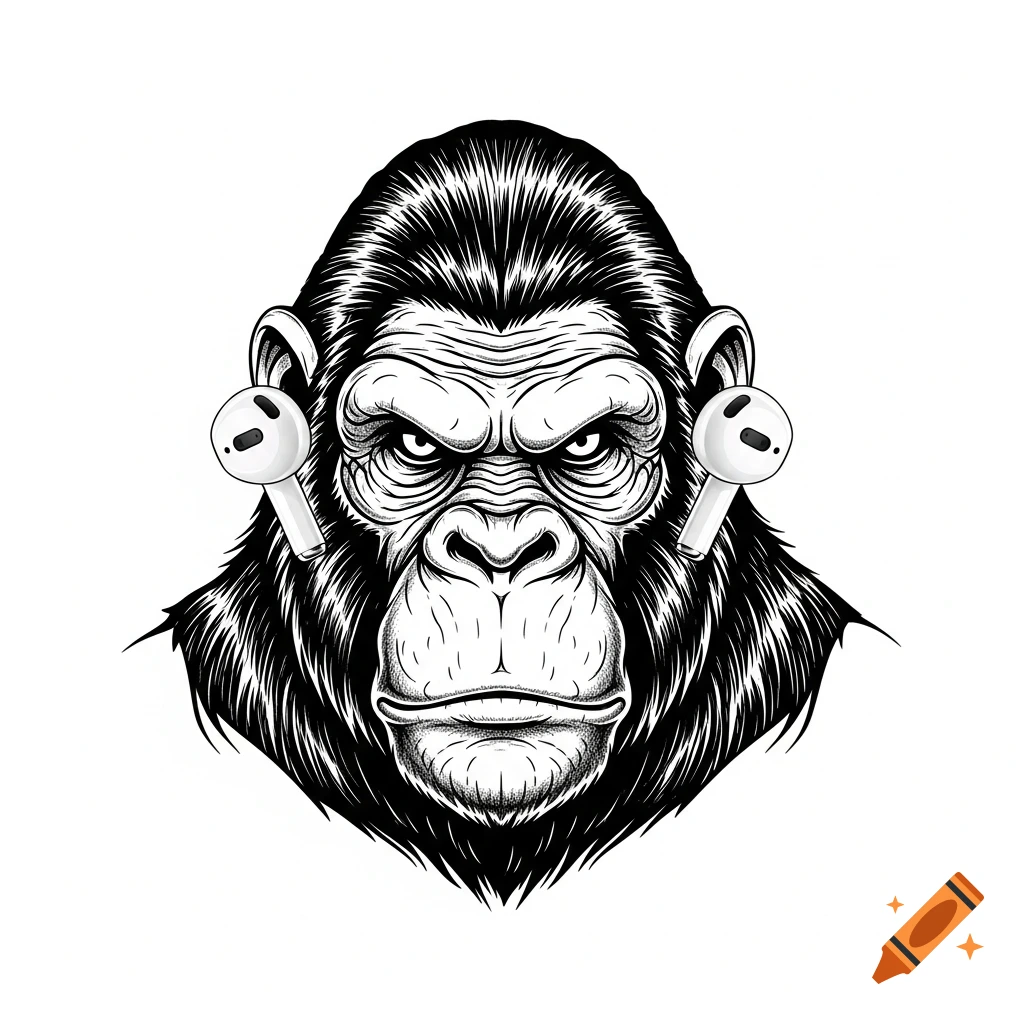 A detailed black and white illustration of a strong gorilla head wearing white AirPods, facing front.