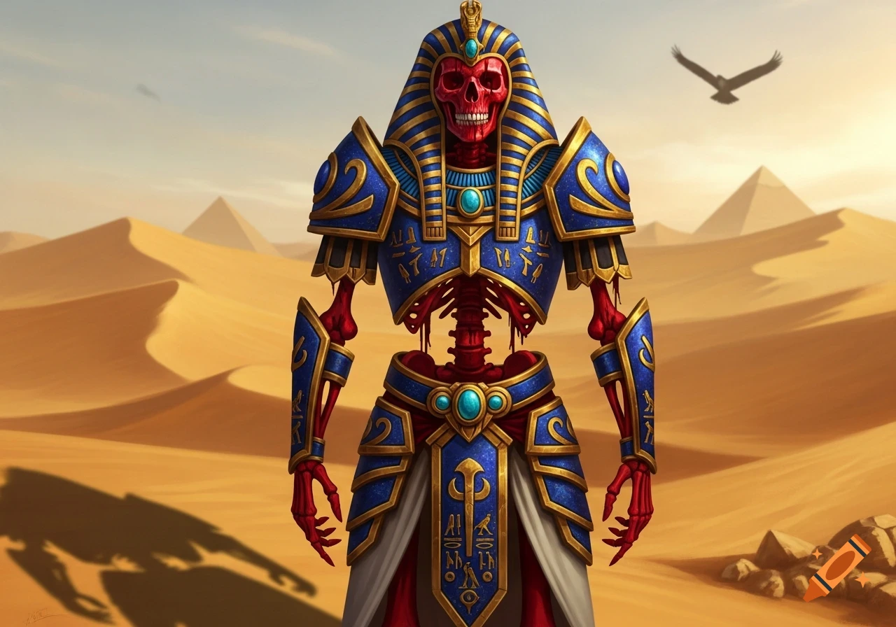 A red-boned skeleton wearing ornate blue and gold Egyptian pharaoh armor stands in a desert with pyramids under a clear sky, a bird flies overhead.