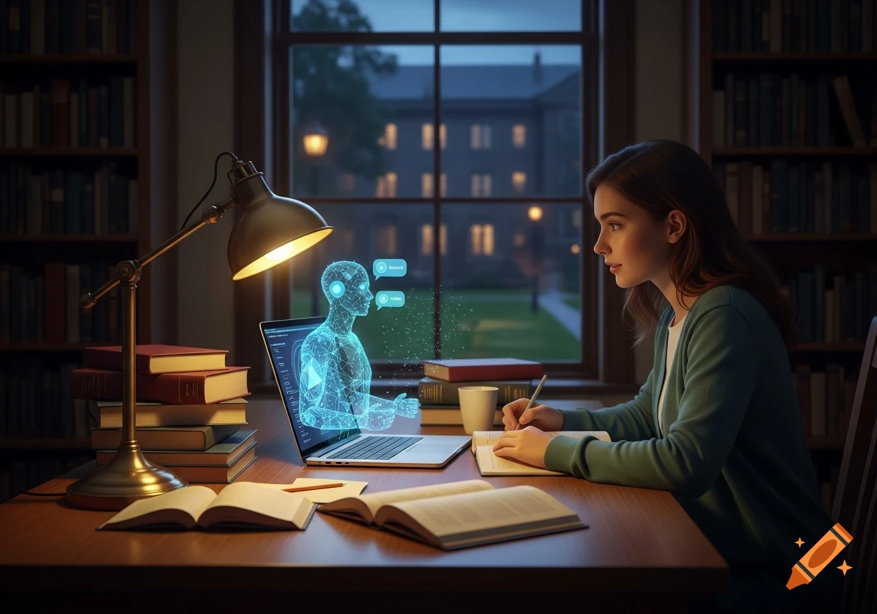 A young woman studies at a desk in a dimly lit library, taking notes while a holographic AI figure on her laptop helps with homework.